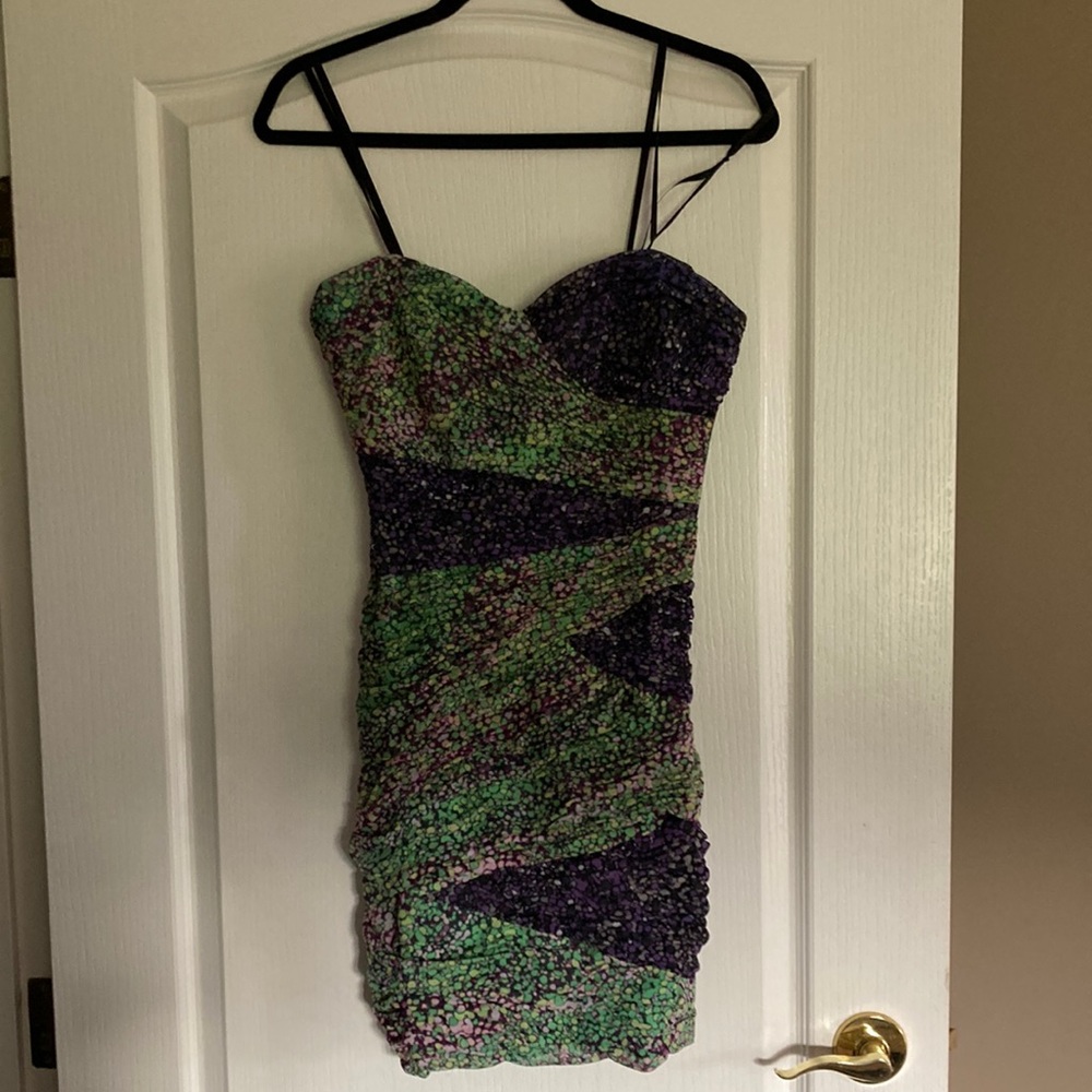 BCBGMaxAzria Blue and Green Spaghetti Strap Bodycon Mini Dress